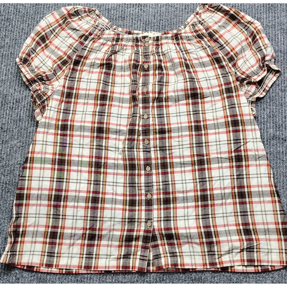 Kim Rogers Womens XL Plaid Button Front Blouse Cotton Short Sleeve Red Brown Tan